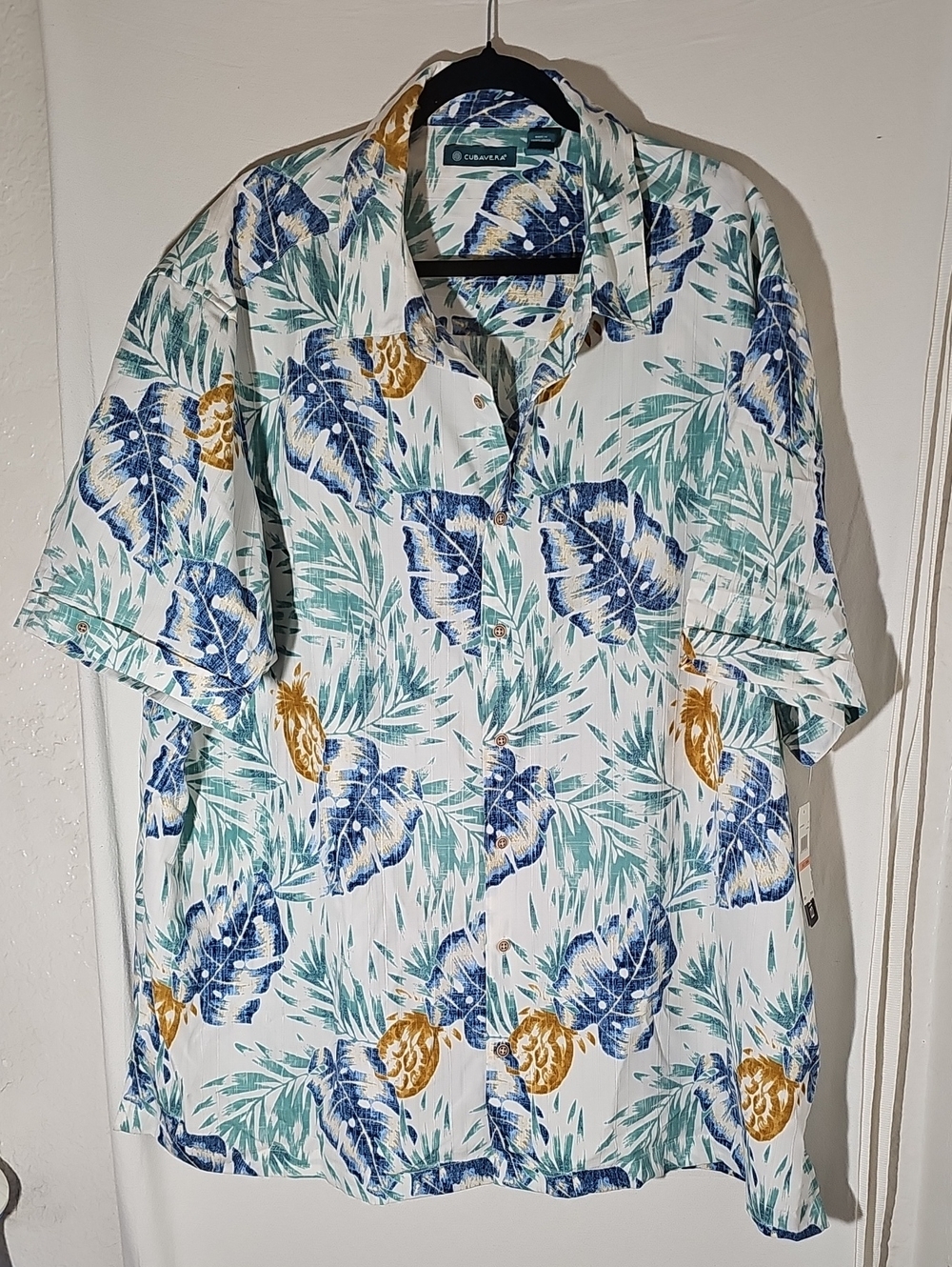 Cubavera White Short-Sleeve Tropical Print Shirt - Blue, Green & Gold
